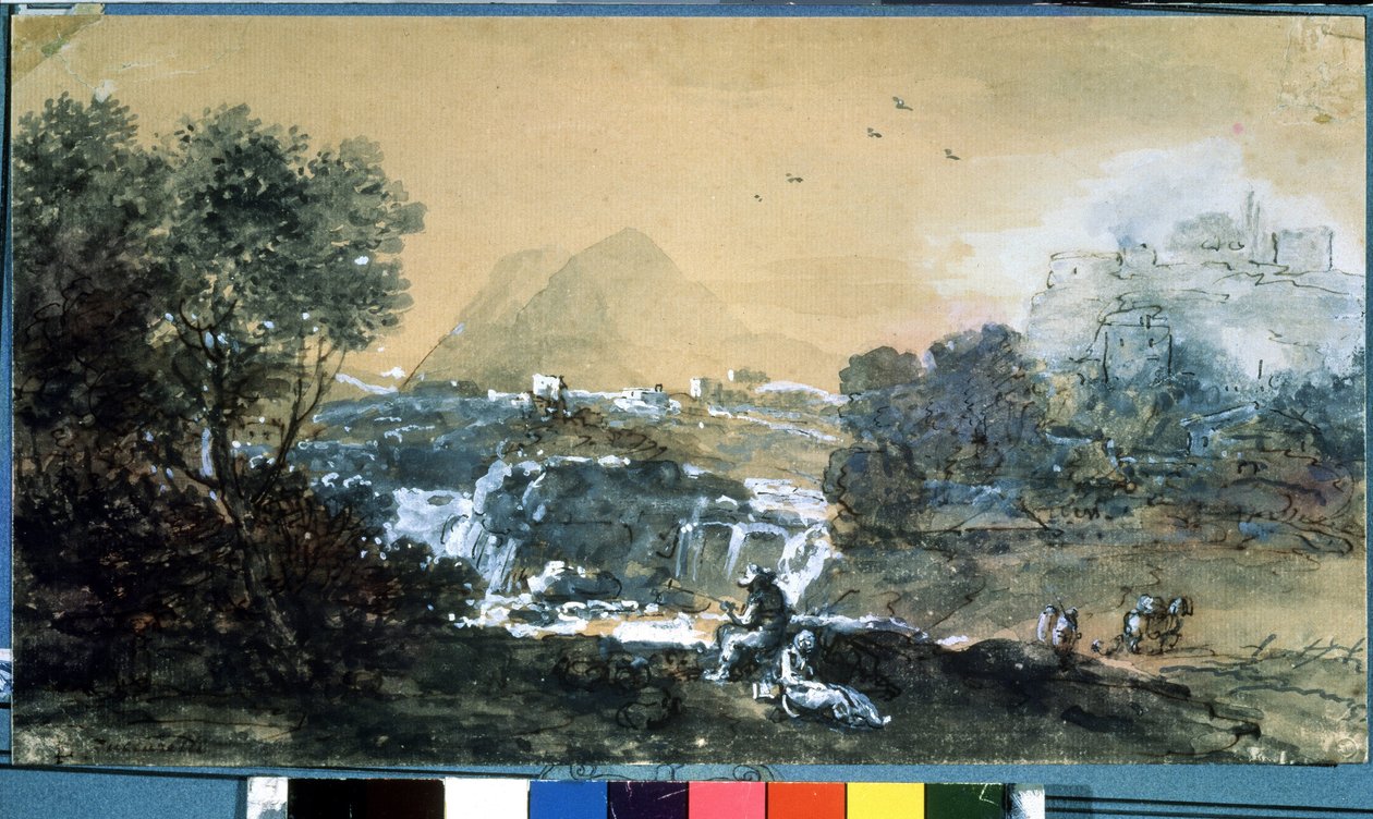 有瀑布的风景。Francesco Zuccarelli（1702-1788 年）绘制。纸面水彩和墨水 作者 弗朗切斯科·祖卡雷利（Francesco Zuccarelli）