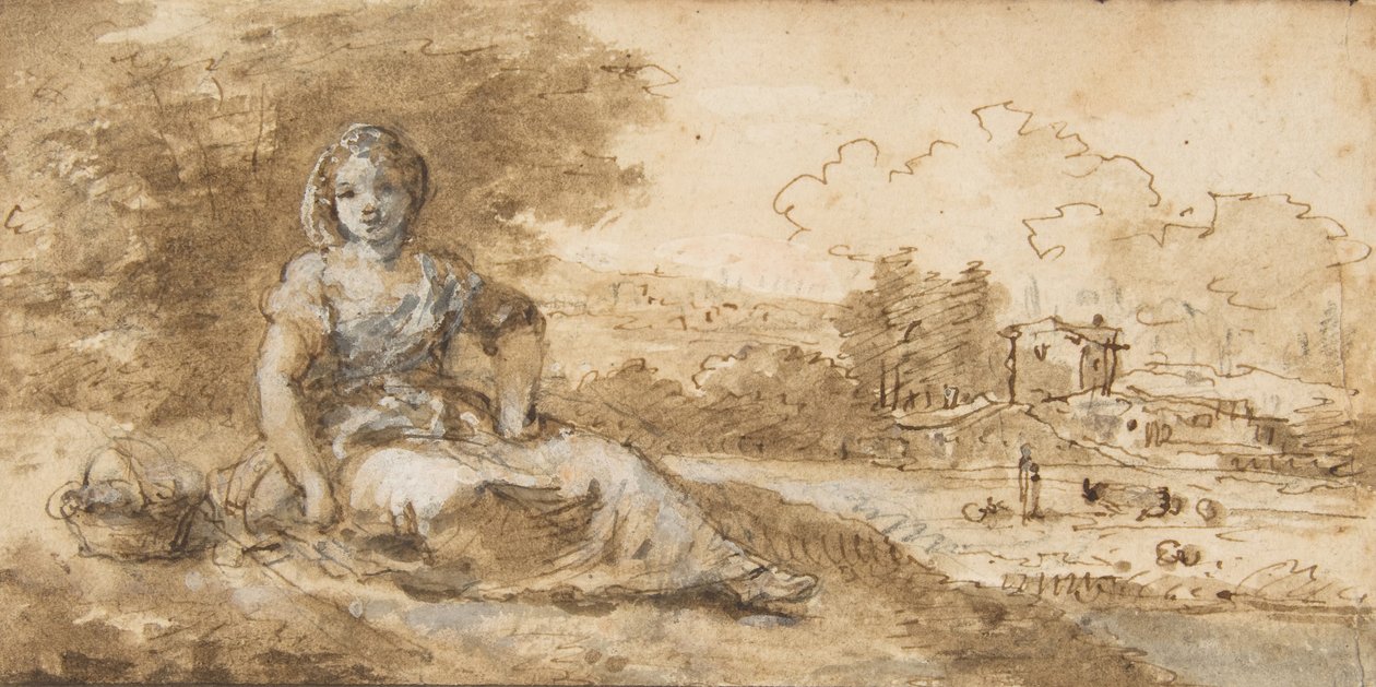 景观中的坐着的女孩，1702-88。 作者 弗朗切斯科·祖卡雷利（Francesco Zuccarelli）