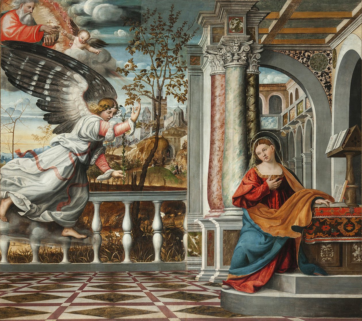 Annunciation par Francesco da Milano（活跃于1502-1548）。壁画，Serravalle大教堂，Vittorio Veneto 作者 弗朗切斯科·达·米兰诺