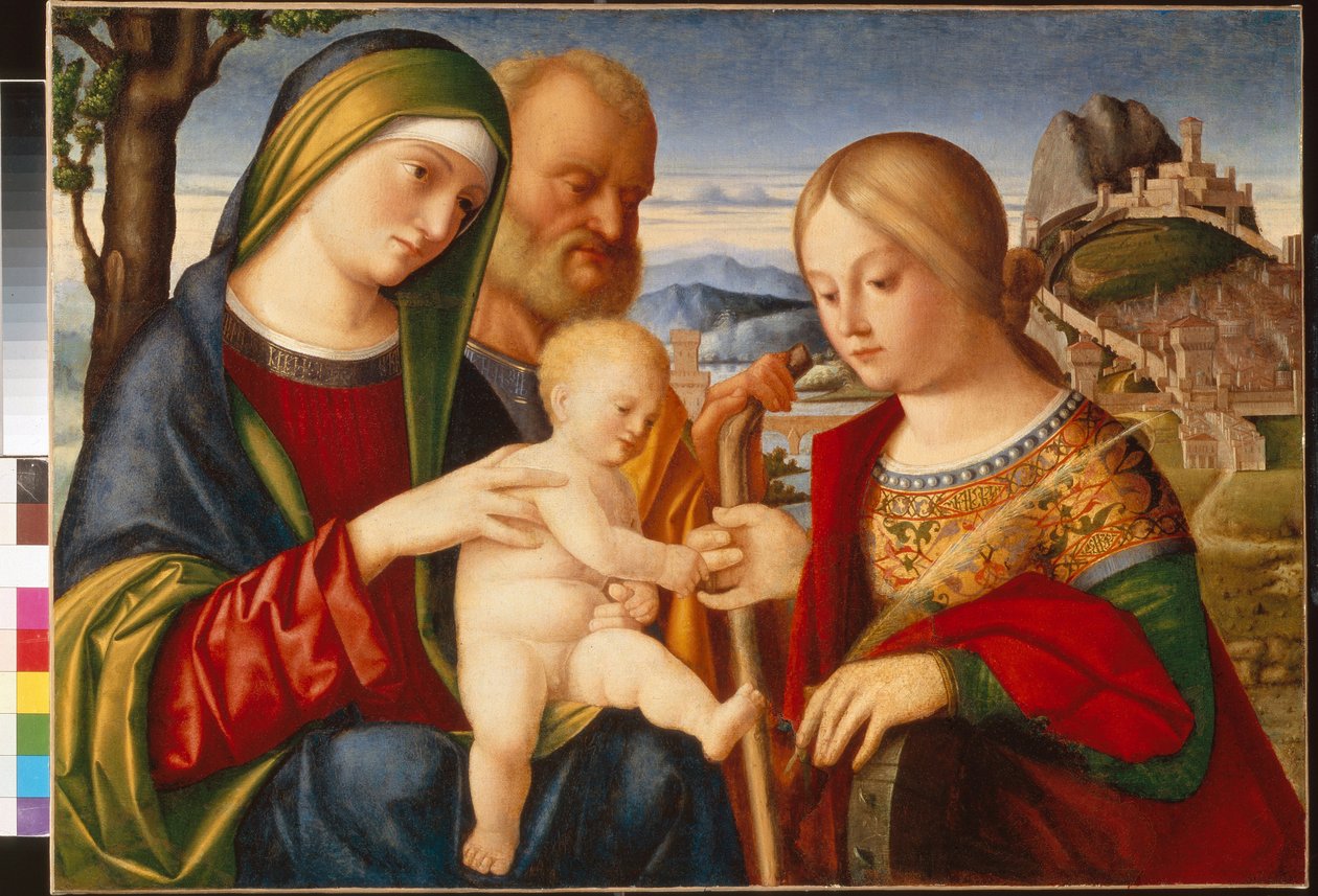Le mariage mystique de Sainte Catherine - Peinture de Francesco di Bernardo de Vecchi Santacroce (1505-1545), huile sur toile, 47.5x67 cm - The Mystical Marriage of Saint Catherine, Oil on canvas by Francesco di Bernardo de Vecchi Santacroce - State A Push 作者 Francesco di Bernardo de Vecchi Santacroce