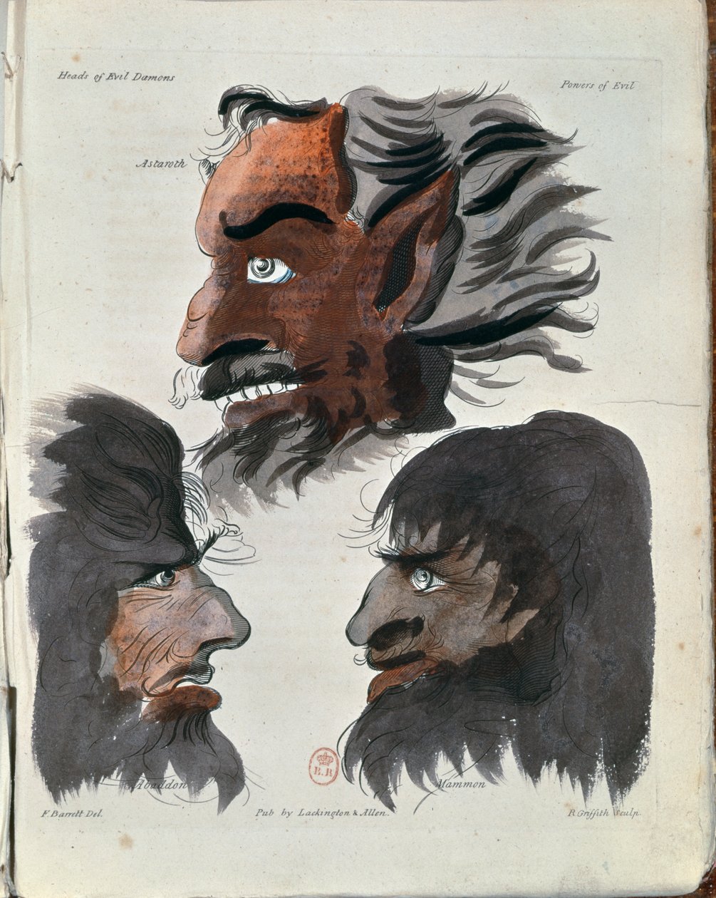 Astaroth，Abaddon和Mammon，来自艺术家的“魔法师”的三个恶魔，由R. Griffith雕刻，于1801年出版 作者 弗朗西斯·巴雷特