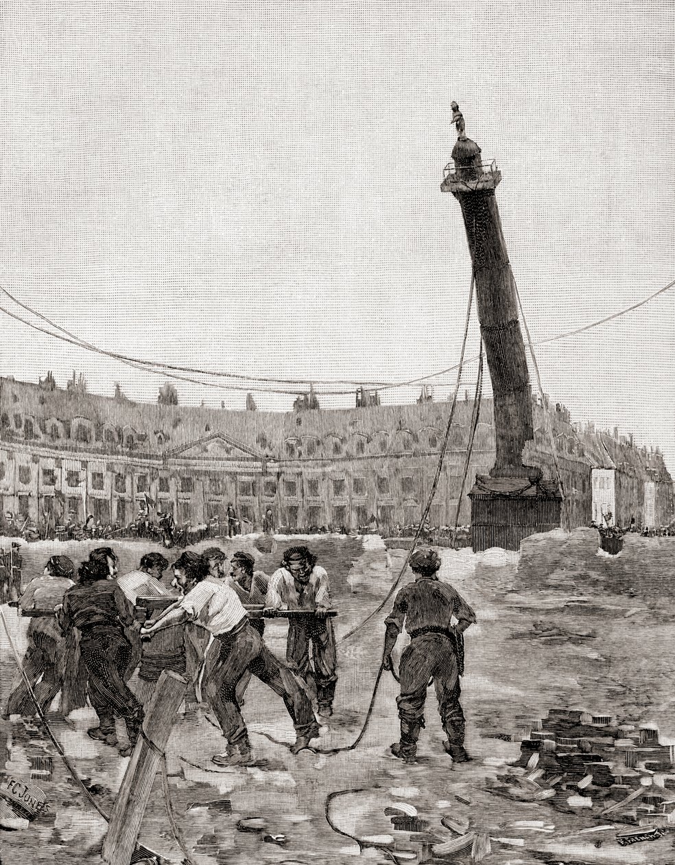 1871年在法国巴黎巴黎公社期间，从1811年出版的“世纪画报月刊”（木版画）中拉下旺多姆柱 作者 弗朗西斯·科茨·琼斯