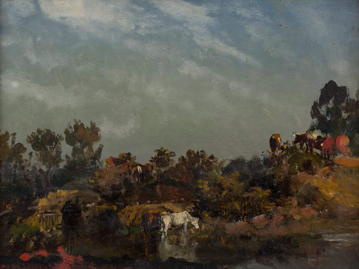 河边有牛的风景（卡上油画） 作者 弗朗西斯 (attr.to) 丹比
