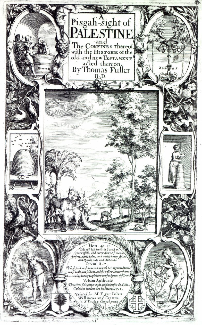 托马斯·富勒于1650年出版的“Pisgah-Palest of Palestine”的标题页 作者 弗朗西斯·克莱恩
