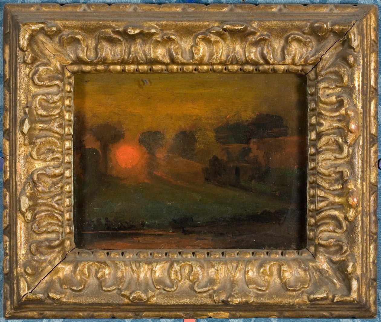 穿过树丛的夕阳，约1855年（卡上油画）。 作者 弗朗西斯·丹比