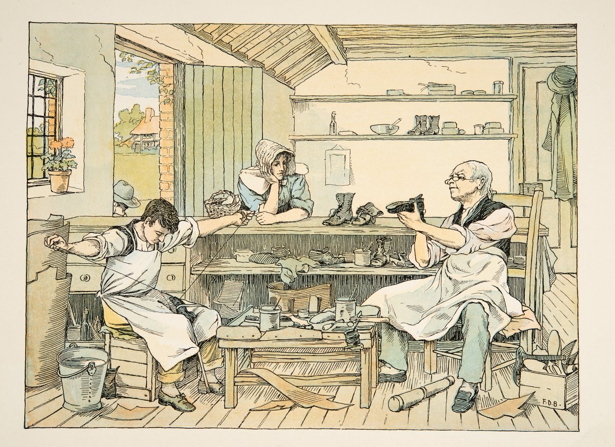鞋匠》，选自《4 and Twenty Toilers》，1900 年出版（彩色石印）。1900 年（彩色印刷版） 作者 弗朗西斯·唐金·贝德福德