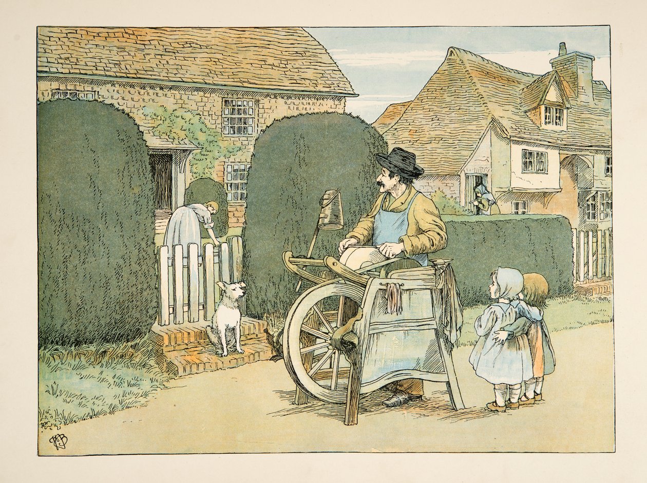 磨刀机》，选自《Four and Twenty Toilers》，1900 年出版。1900 年（彩色印刷版） 作者 弗朗西斯·唐金·贝德福德