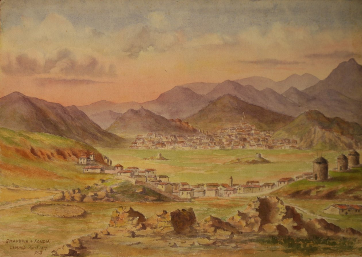 希腊莱姆诺斯岛的斯曼德里亚和孔迪亚，1917 年 4 月（纸面水彩画） 作者 弗朗西斯·道夫顿桥