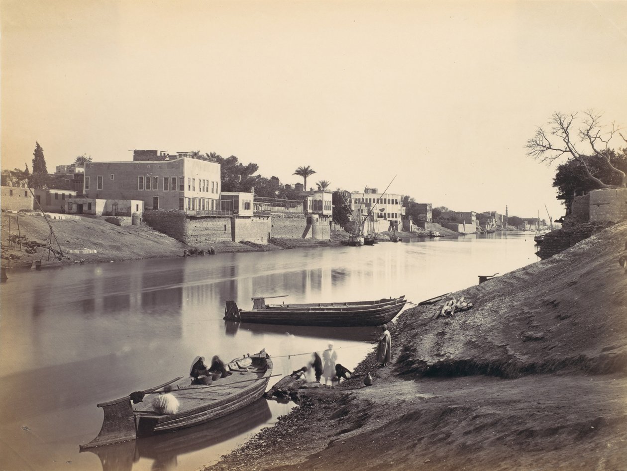 开罗的尼罗河岸，约1857年，1870年代印刷。 作者 弗朗西斯·弗里斯