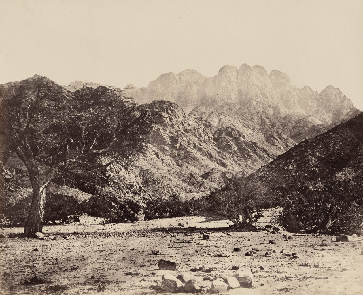 1858 年，从埃及瓦迪费兰（Wádee Feyrán）看塞巴尔山（照片 作者 弗朗西斯·弗里斯
