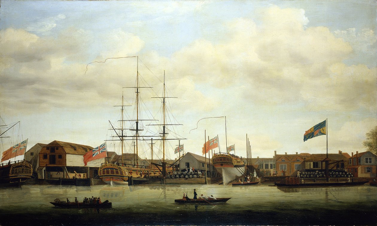 泰晤士河（英格兰）上的一个小造船厂，两艘船正在建造中。布面油画 作者 弗朗西斯·霍尔曼
