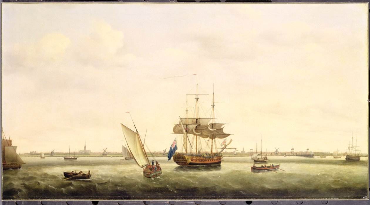 1775年，在诺福克郡大雅茅斯的锚点上的护卫舰&39;惊喜&39; 作者 弗朗西斯·霍尔曼