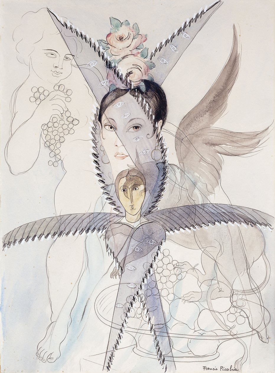 Transparency - Head and Winged Horse；Transparence - Tete et Cheval Aile，约 1928 年（纸面水彩、水粉、黑色粉笔和铅笔） 作者 弗朗西斯·毕卡比亚