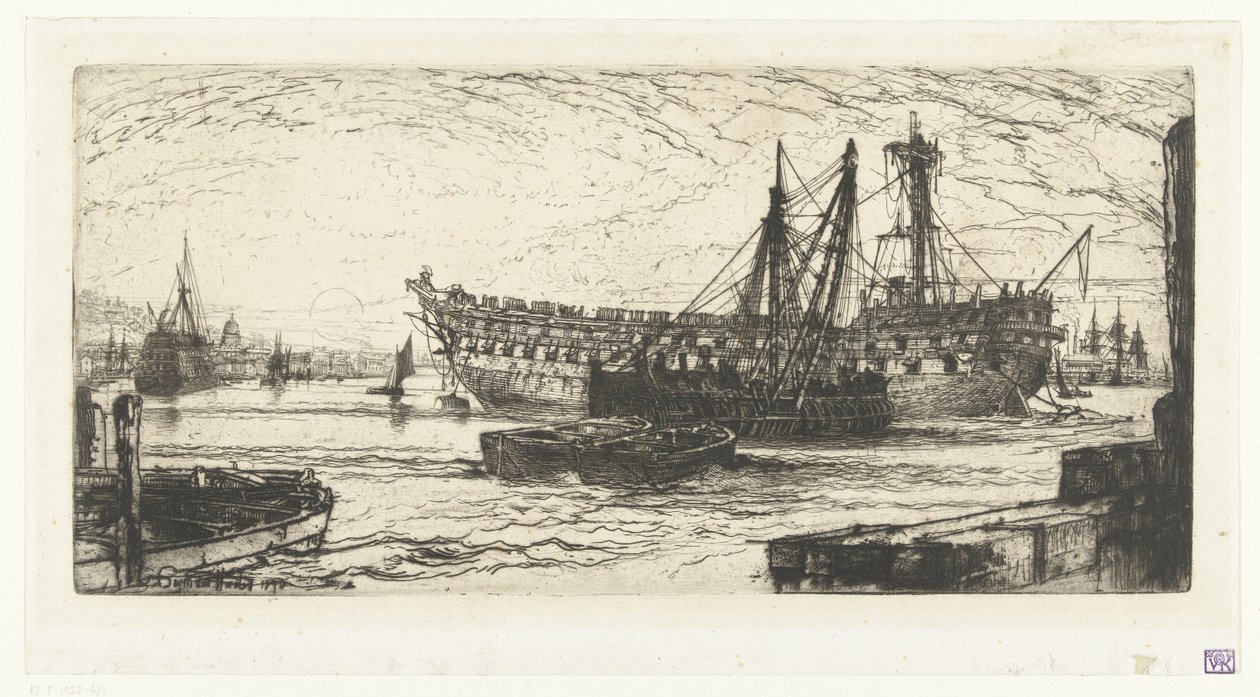 Ontmanteling van het schip de Agamemnon Breaking up of the Agamemnon 作者 弗朗西斯·西摩·哈登 (Sir) (艺术家签名)