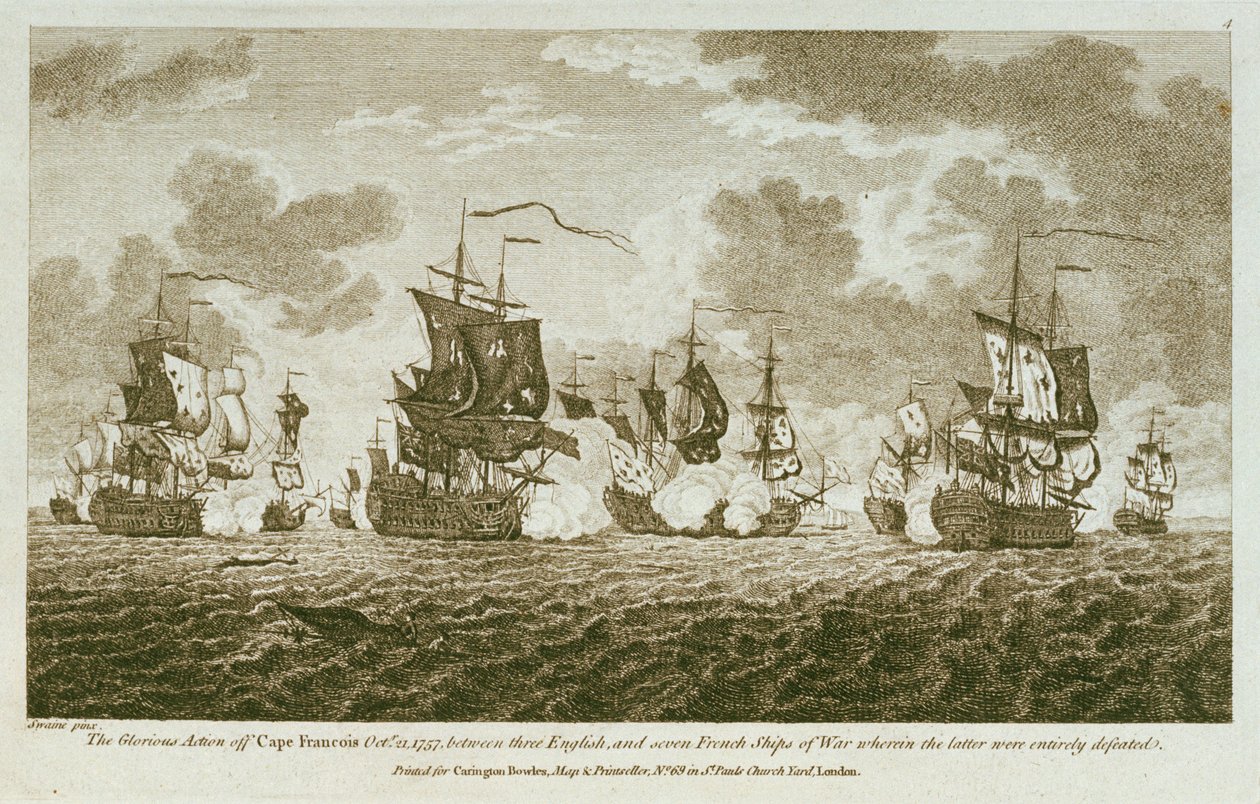 十二幅海上交战版画。1757 年 10 月 21 日，英国与七艘法国战舰在弗朗索瓦角附近的光荣战役，法国战舰全军覆没。(蚀刻版画） 作者 弗朗西斯·斯威恩