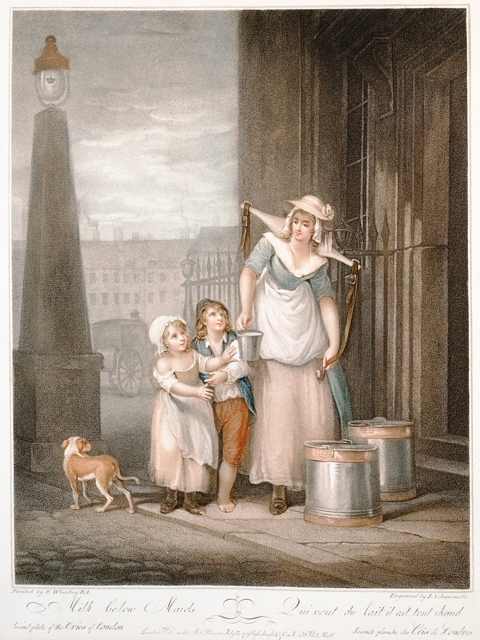 在Maids下面的牛奶，“The Cries of London”的第2块，由Luigi Schiavonetti（1765-1810）雕刻，酒吧。作者：Colnaghi und Co.，1793（点画雕刻） 作者 弗朗西斯·惠特利