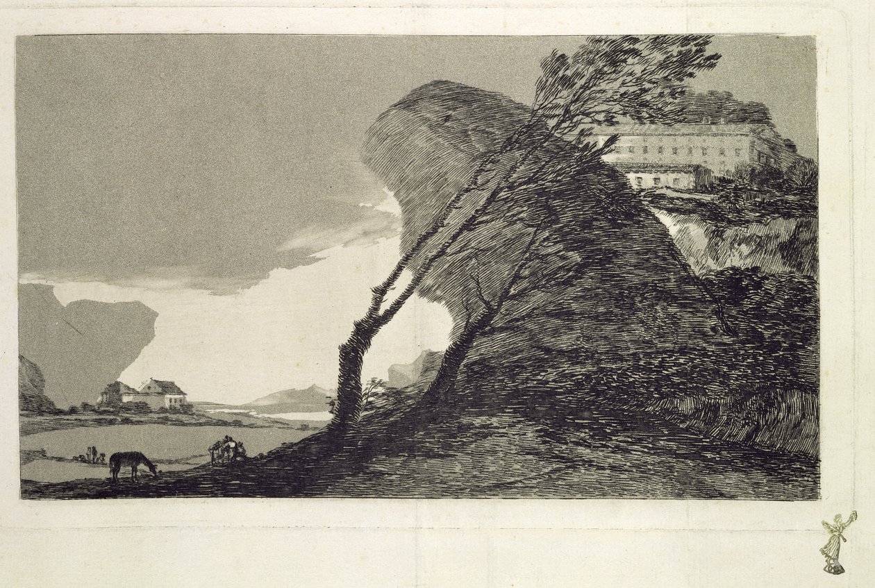 在1810年之前（蚀刻和aquatint）景观与大岩石，建筑物和树木 作者 弗朗西斯科·德·戈雅