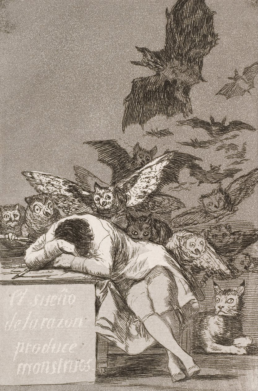 理智的睡眠产生了来自Los Caprichos的怪物（第43号） 作者 弗朗西斯科·德·戈雅