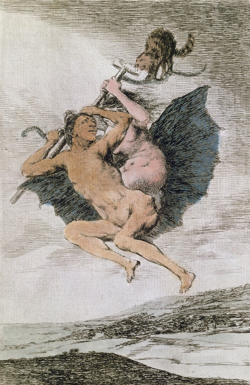 Alla va eso（它有它），&39;Los Caprichos&39;的第66号板，18号晚（彩色雕刻） 作者 弗朗西斯科·德·戈雅