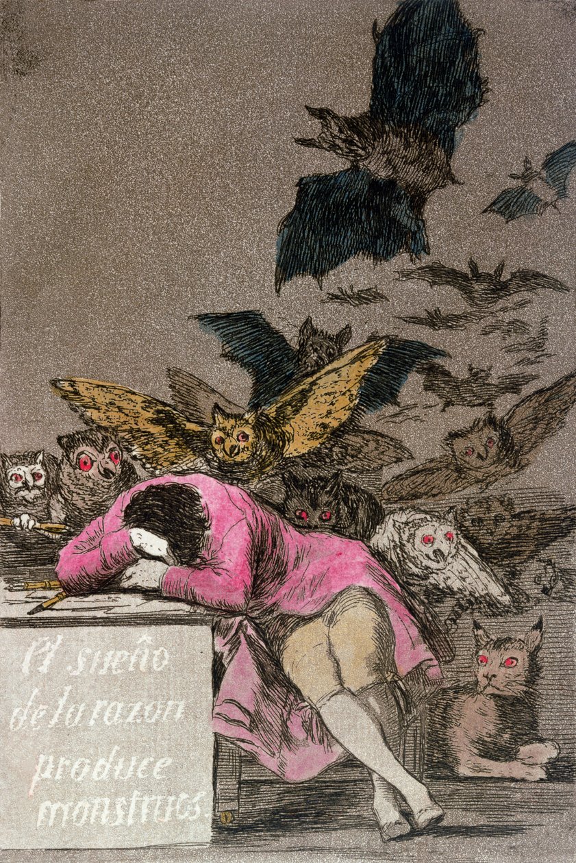 理智的睡眠产生了怪物，“洛杉矶Caprichos”的第43页，出版于1810年（彩色版画） 作者 弗朗西斯科·德·戈雅