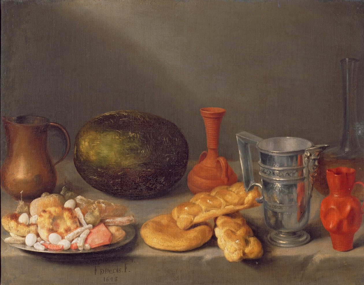 静物与面包，1648年 作者 弗朗西斯科·帕拉西奥斯（Francisco Palacios）