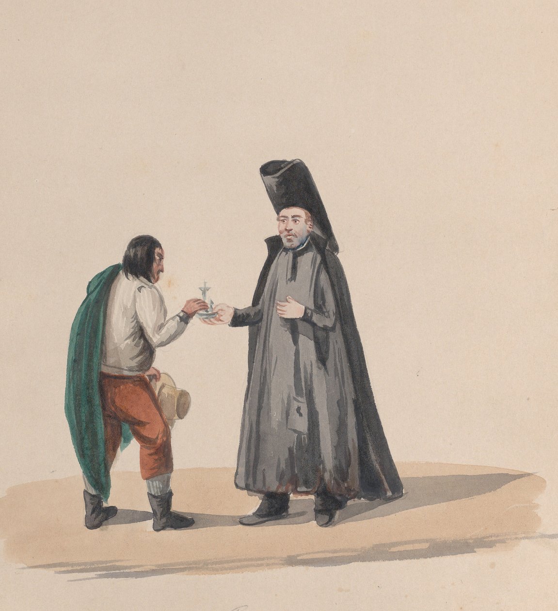 一个卡农把十字架递给一个男人，来自一组描绘秘鲁服装的图画，1848年。 作者 弗朗西斯科