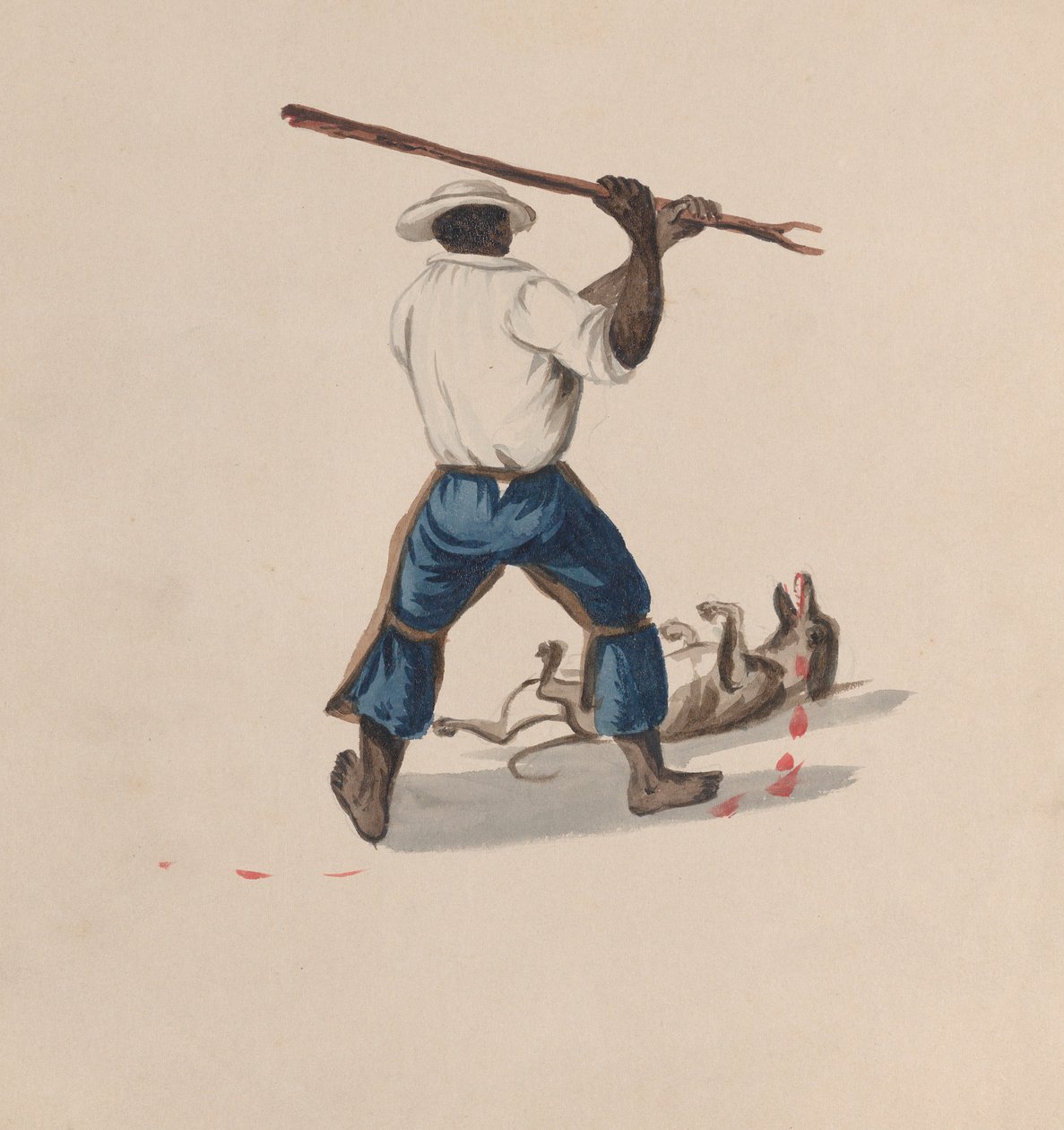 一个男人从后面看用棍子打狗，来自一组描绘......的图画，约1848年。 作者 弗朗西斯科