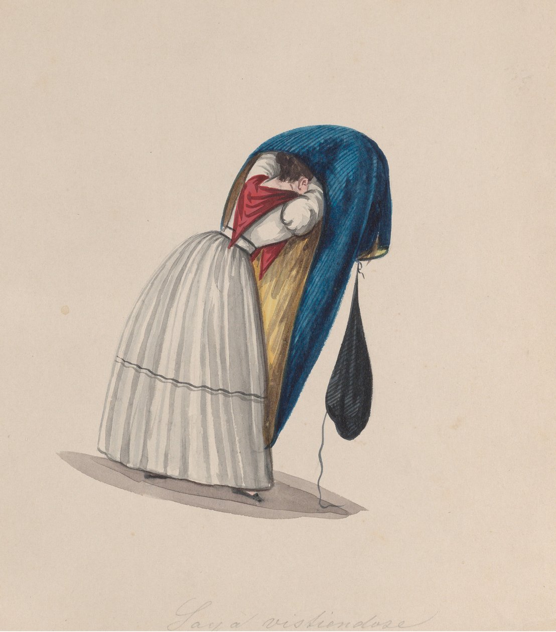 从后面看一个女人进入她的saya，来自一组描绘......的图画，约1848年。 作者 弗朗西斯科
