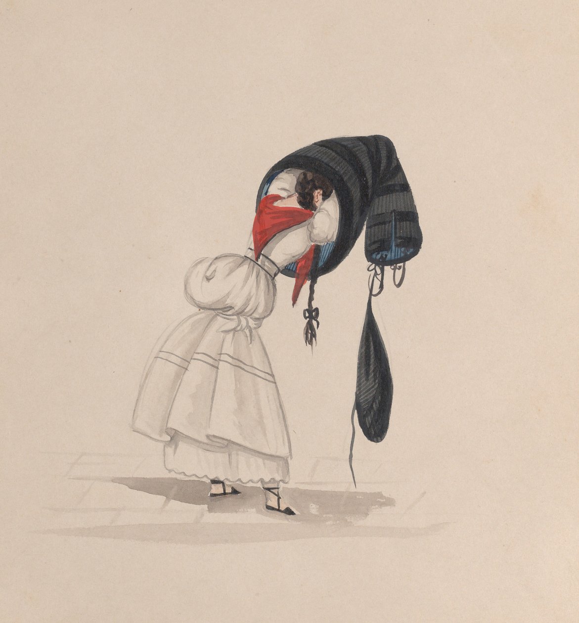 一个女人穿上她的saya，从后面看，来自一组描绘......的图画，约1848年。 作者 弗朗西斯科