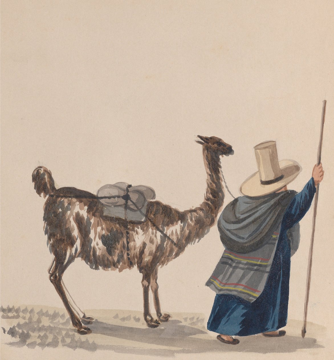 一个女人和一只骆驼一起走，来自一组描绘秘鲁服装的图画，约1848年。 作者 弗朗西斯科