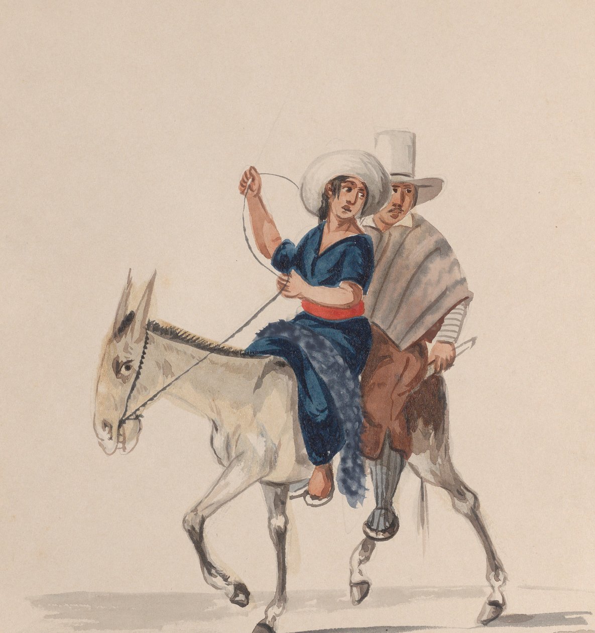 一对骑着驴子的印第安男女，来自一组描绘秘鲁的图画......，约1848年。 作者 弗朗西斯科
