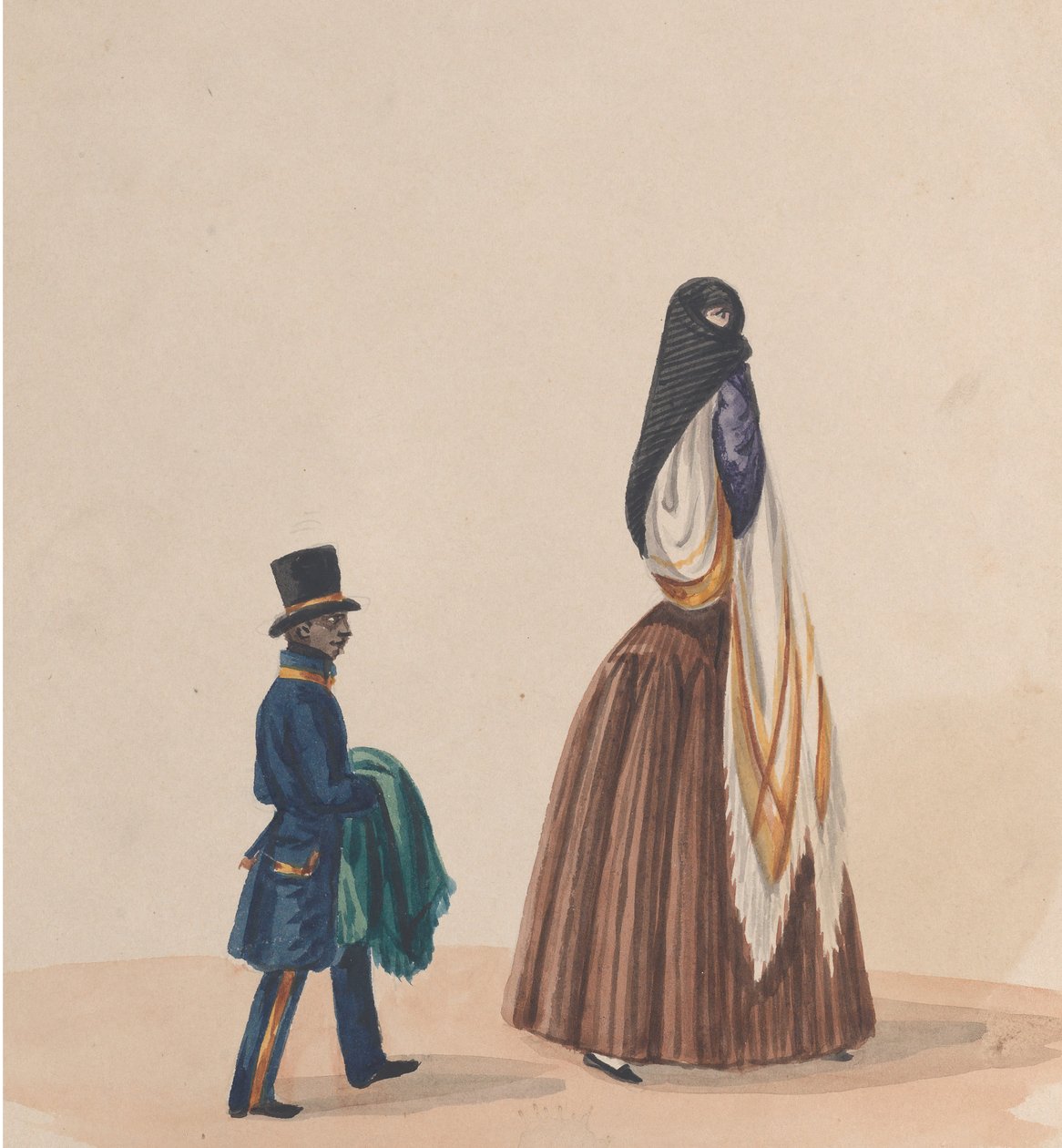 一个穿着优雅的女人和她的页面，来自一组描绘秘鲁的图画......，约1848年。 作者 弗朗西斯科