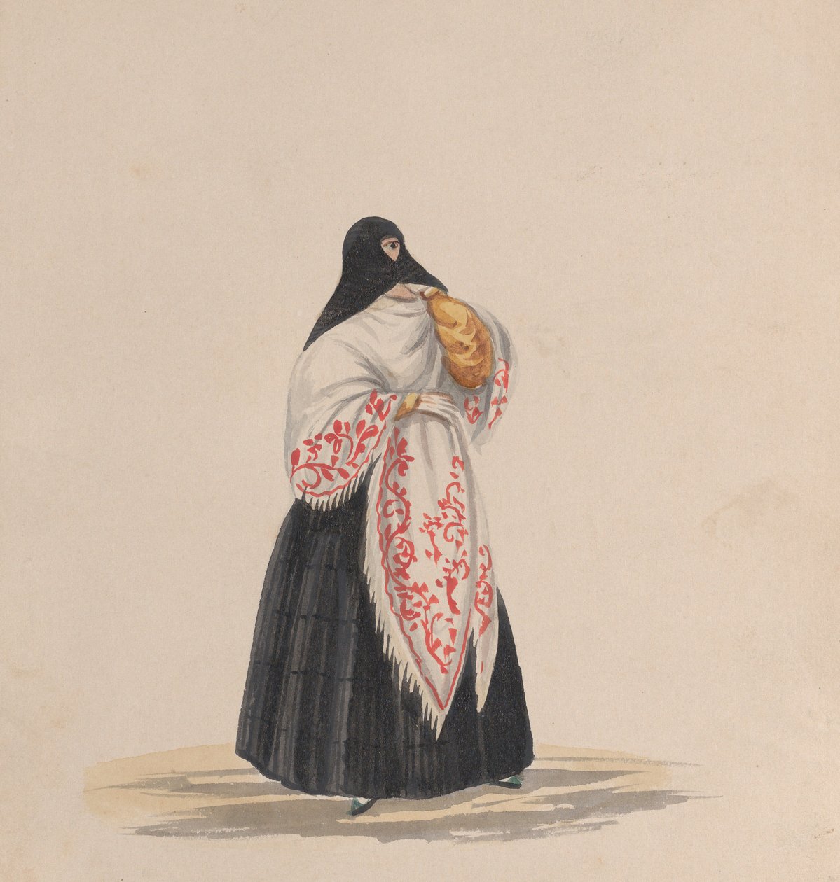 一个穿着优雅的女人，来自一组描绘秘鲁服装的图画，约1848年。 作者 弗朗西斯科