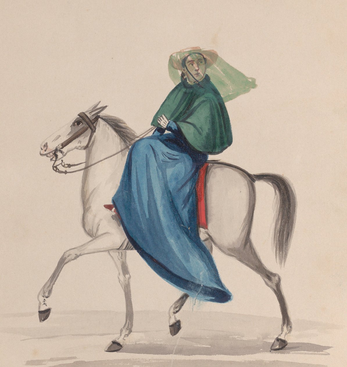一个穿着优雅的女人在马背上，来自一组描绘秘鲁的图画...，约1848年。 作者 弗朗西斯科