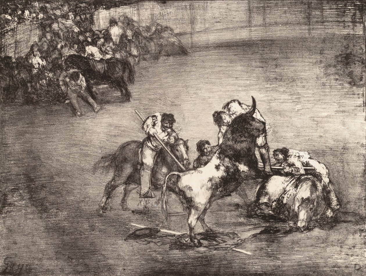 被公牛抓住的皮卡多，出自《波尔多的公牛》，1825年。 作者 弗朗西斯科·德·戈雅