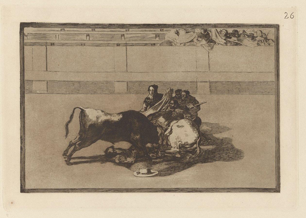 Caida de un picador de su caballo debajo del toro（斗牛士被解下马鞍，倒在公牛身下），《斗牛》第 26 版 作者 弗朗西斯科·德·戈雅