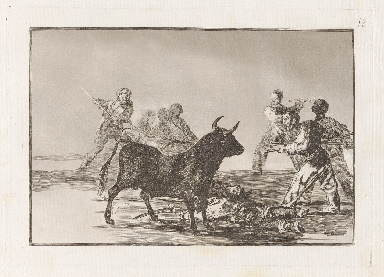 Desjarrete de la canalla con lanzas, medias-lunas, banderillas y otras armas (The Rabble Hamstring the Bull with Lances, Sickles, Banderillas and Other Arms)，图版 12，选自 La tauromaquia 作者 弗朗西斯科·德·戈雅