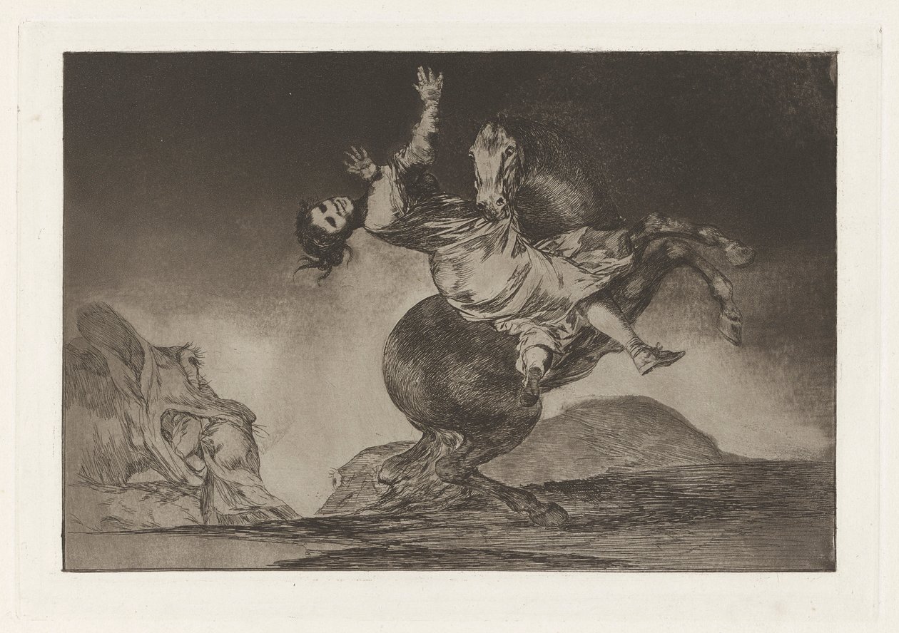 El caballo raptor (The Horse-Abductor)，又名 La mujer y el potro, que los dome otro (A Woman and a Horse, Let Someone Else Master Them)，选自 Los disparates (Los proverbios) 系列。 作者 弗朗西斯科·德·戈雅