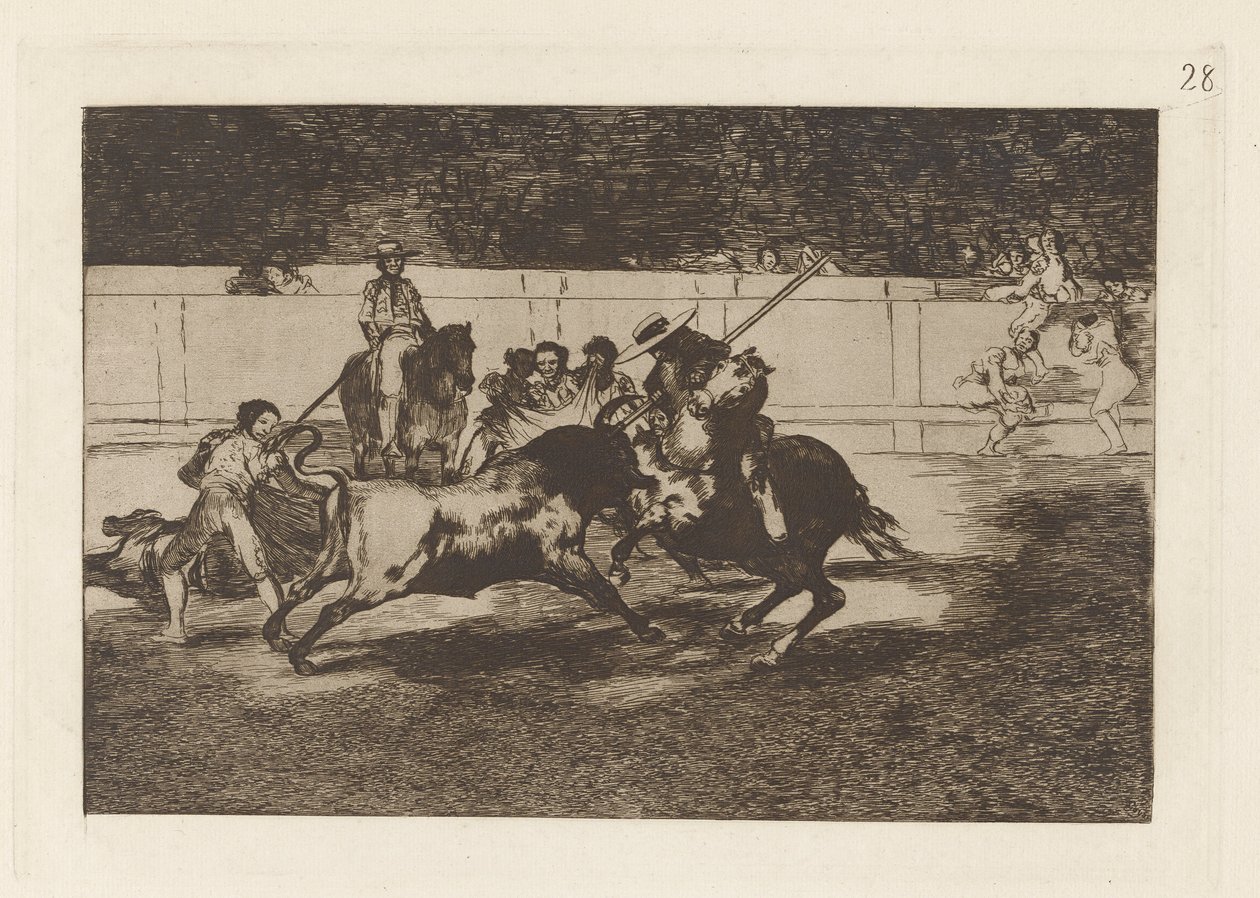 El esforzado Rendon picando un toro, de cuya suerte muri en la plaza de Madrid（强壮的伦登用皮克刺中一头公牛，他因此死在马德里的环形广场上），图版 28，选自 La tauromaquia 作者 弗朗西斯科·德·戈雅