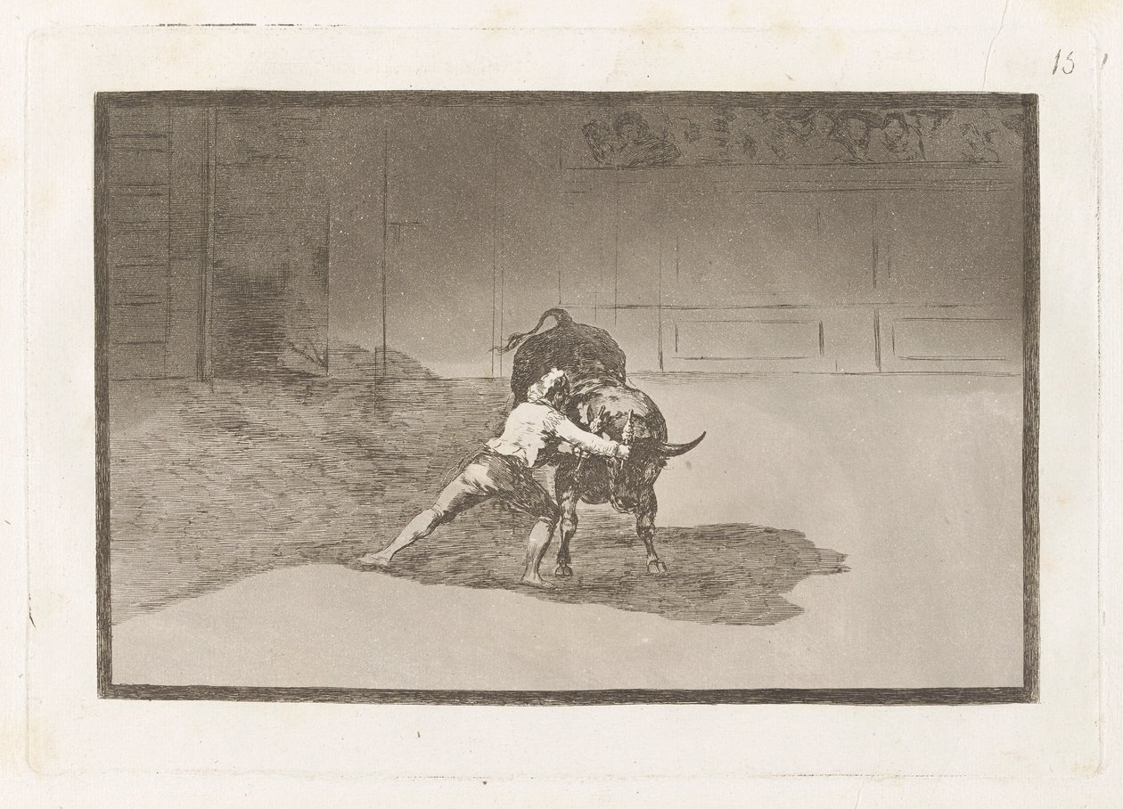 El famoso Martincho poniendo banderillas al quiebro（著名的马丁乔用肢体动作摆放驯牛器），图版 15，选自 La tauromaquia 作者 弗朗西斯科·德·戈雅