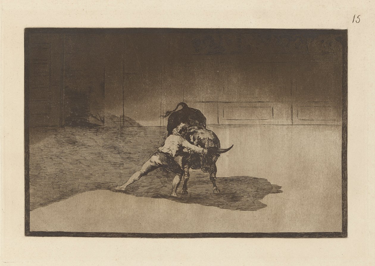 El famoso Martincho, poniendo banderillas al quiebro.(著名的马丁乔用肢体动作摆弄玩牛的班德瑞拉斯），图版 15，选自 La tauromaquia（《著名的马丁乔用肢体动作摆弄玩牛的班德瑞拉斯》）。 作者 弗朗西斯科·德·戈雅