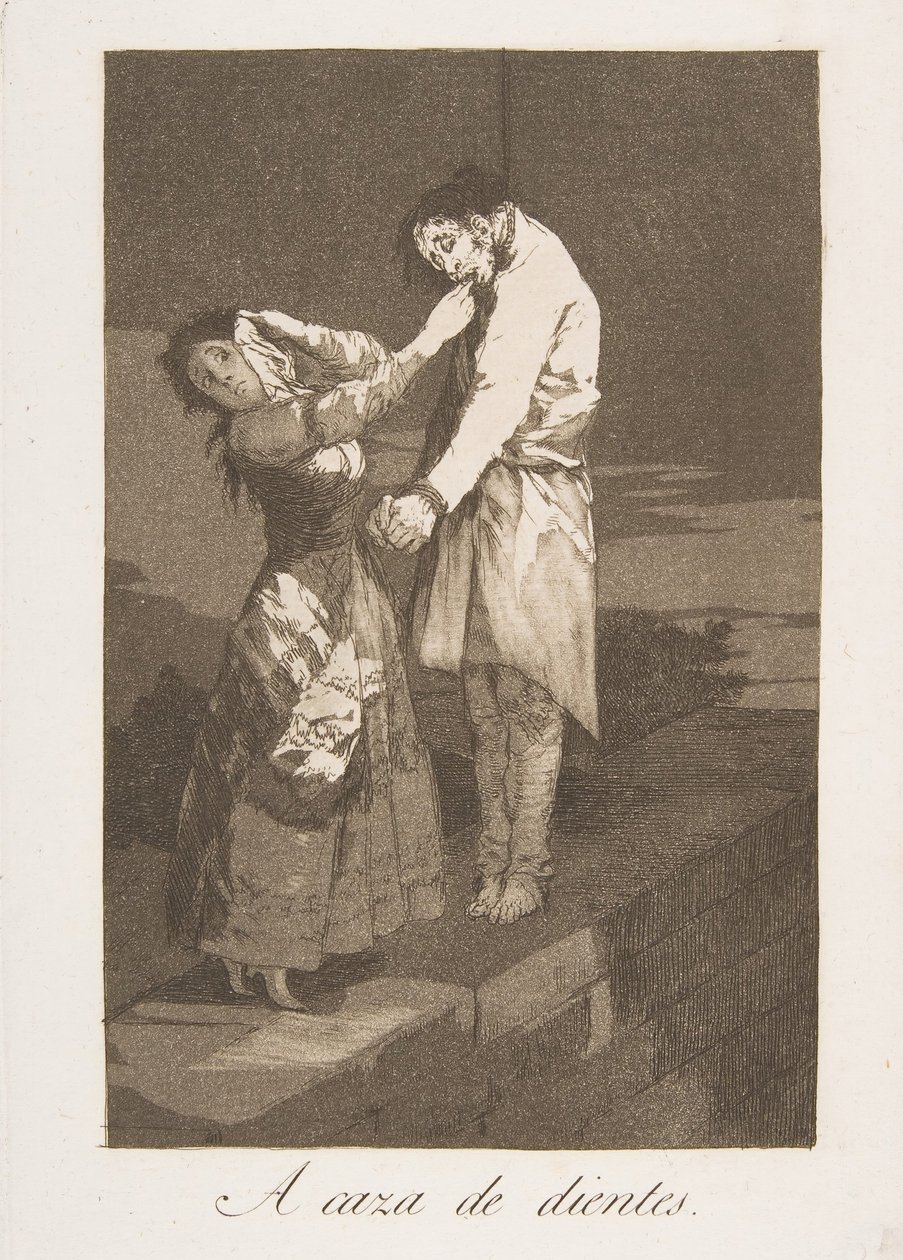 洛斯·卡普里科斯（Los Caprichos）制作的第12幅板：寻找牙齿A caza de dientes。，1799年。 作者 弗朗西斯科·德·戈雅