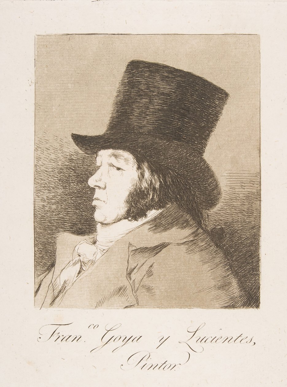 板块1来自 "Los Caprichos"：戈雅-弗朗哥的自画像。戈雅和卢埃尔特斯，画家，1799年。 作者 弗朗西斯科·德·戈雅