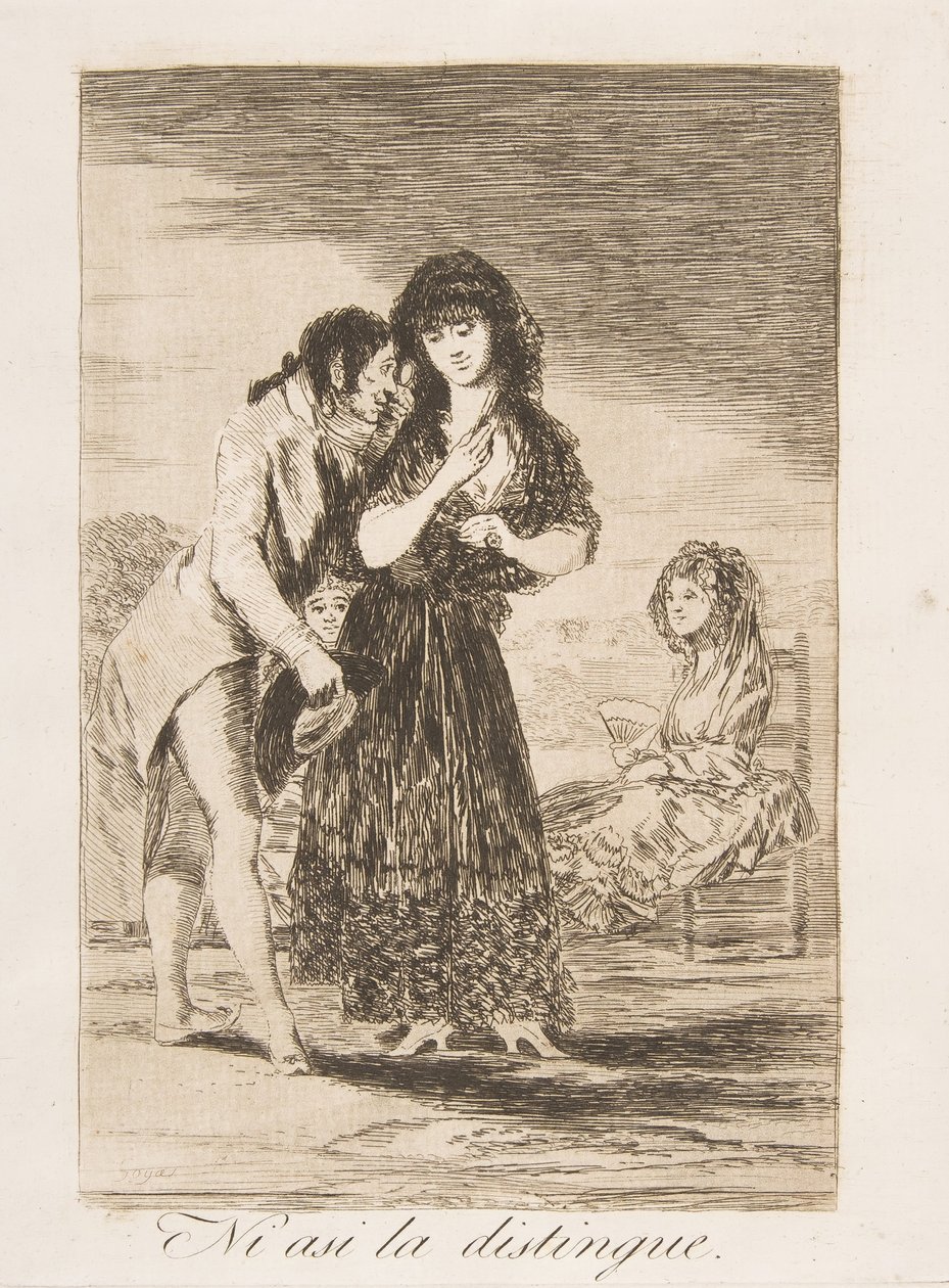 图版7来自《Los Caprichos》：即使这样，他也不能把她弄出来，Ni asi la distingue., 1799. 作者 弗朗西斯科·德·戈雅