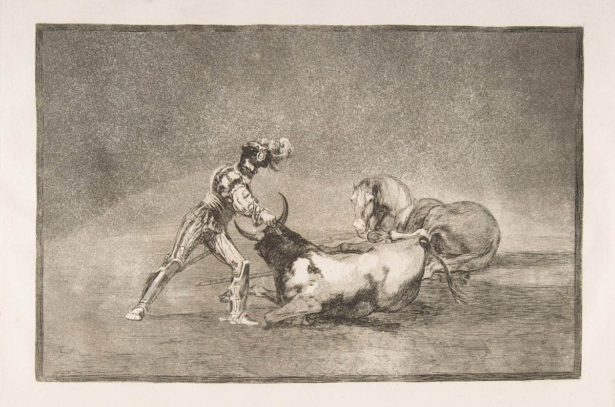 Tauromaquia的第9板块：一位西班牙骑士在失去马匹后杀死了公牛。1816年。 作者 弗朗西斯科·德·戈雅