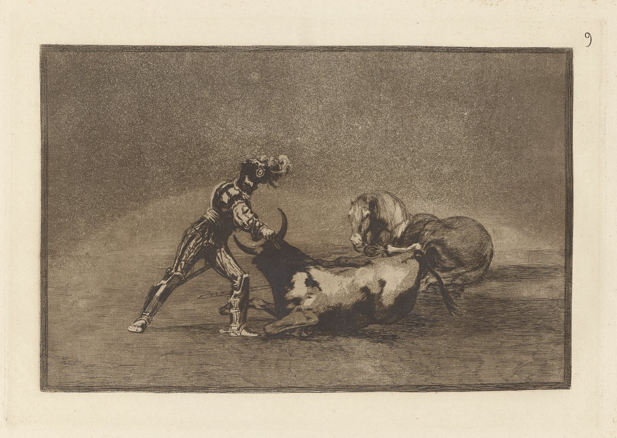 Un caballero espaol mata un toro despues de haber perdido el caballo（《西班牙骑士在失去马匹后杀死公牛》），图版 9，选自 La tauromaquia 作者 弗朗西斯科·德·戈雅