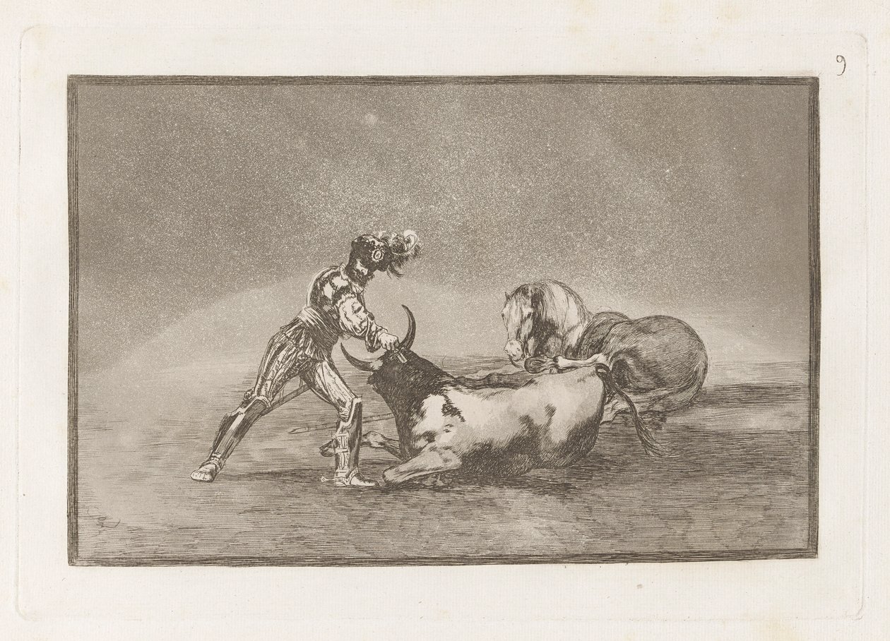 Un caballero espaol mata un toro despues de haber perdido el caballo（《西班牙骑士在失去马匹后杀死公牛》），图版 9，选自 La tauromaquia 作者 弗朗西斯科·德·戈雅