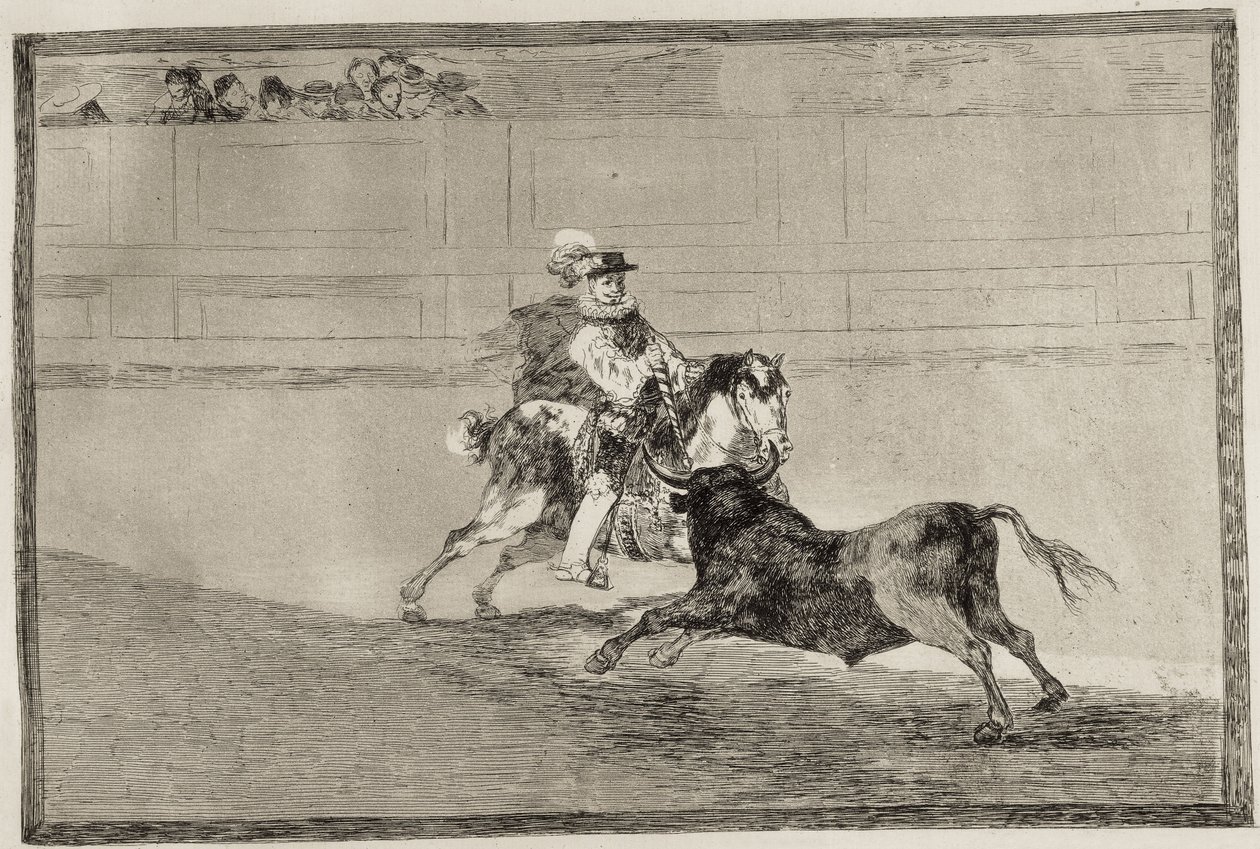 弗朗西斯科-德-古雅-卢西恩特斯（1746-1828 年）。一位西班牙骑马骑士在没有助手帮助的情况下在擂台上折断短矛。1816.蚀刻版画。西班牙。马德里（自治区）。马德里。国家图书馆 作者 弗朗西斯科·何塞·德·戈雅 y Lucientes