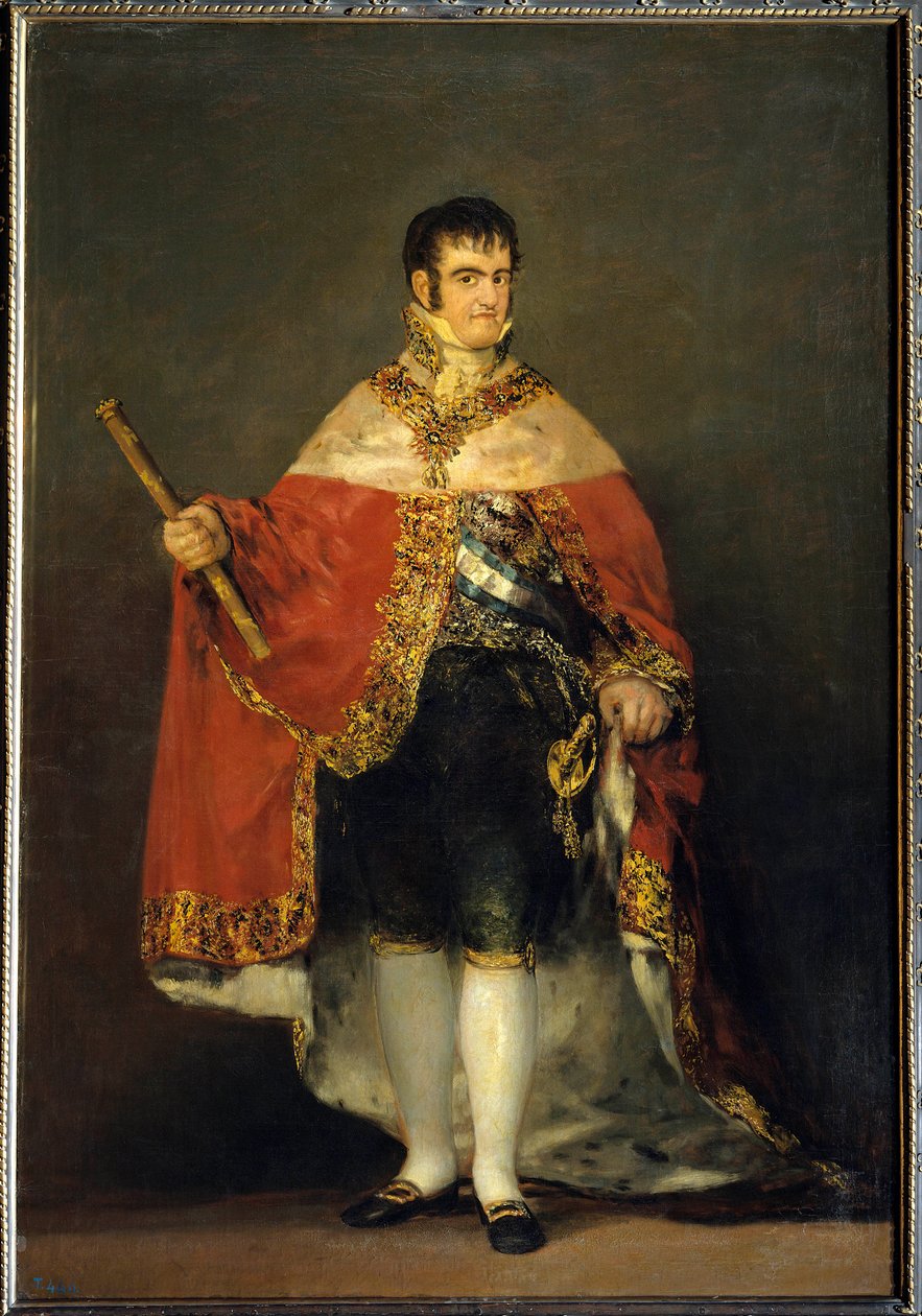 国王费迪南德七世 (1784-1833) 穿着皇家服装的肖像 弗朗西斯科·德·戈雅·卢森特斯 (1746-1828) 的绘画。 大约 1815 年。马德里。 普拉多博物馆 - 国王斐迪南七世 (1784-1833) 与皇家披风的肖像。 弗朗西斯科·德·戈雅 y Lucientes 的绘画 作者 弗朗西斯科·德·戈雅