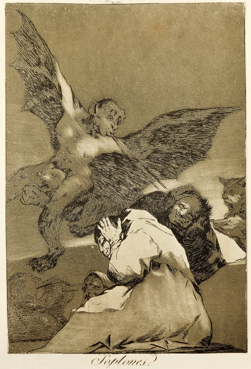 弗朗西斯科-德-戈雅(1746-1828)的《告密者》，蚀刻版画和水印版画，系列Capricci(circaprichos)的第48号。 作者 弗朗西斯科·何塞·德·戈雅 y Lucientes